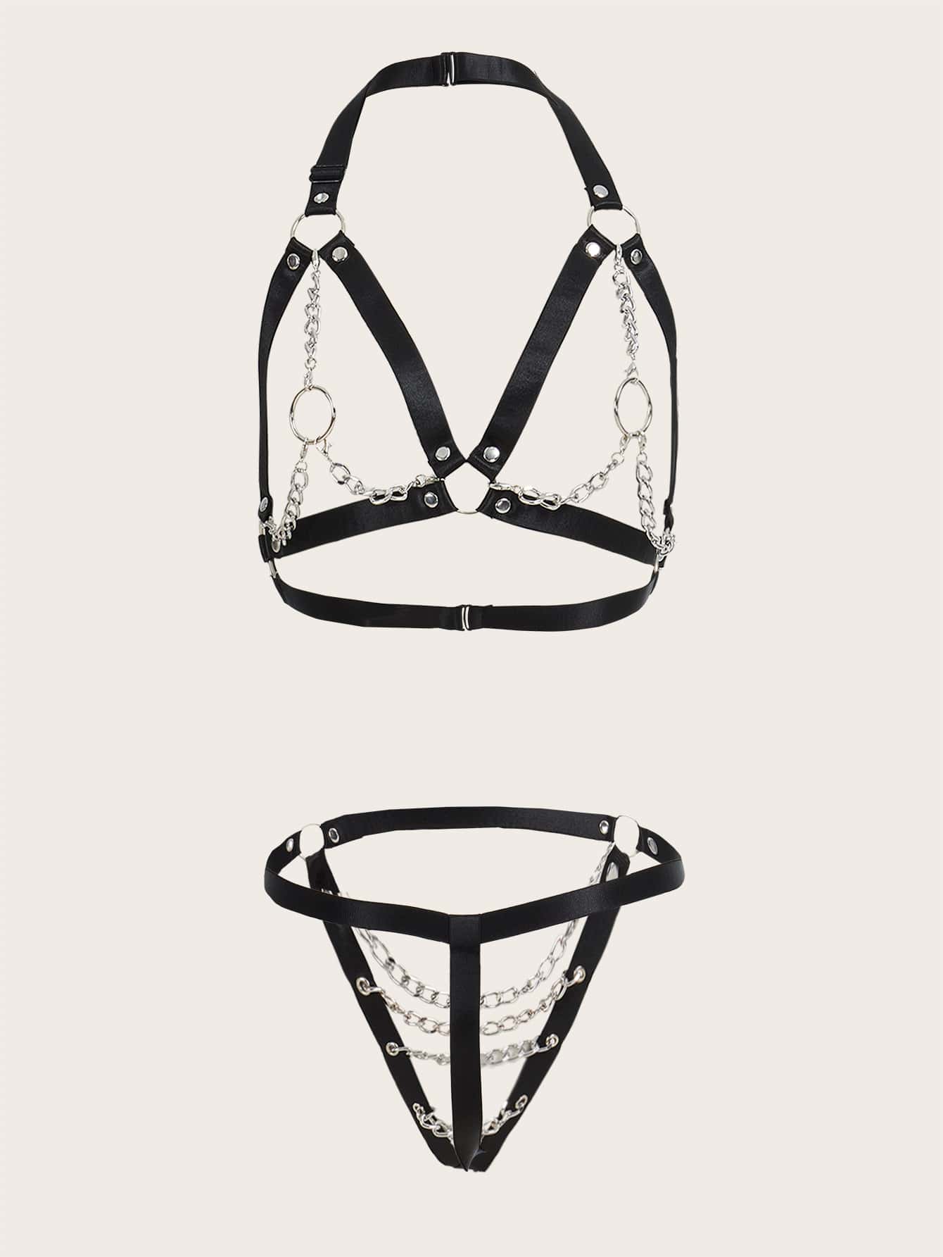 Grunge Punk Solid Chain Harness Lingerie Set