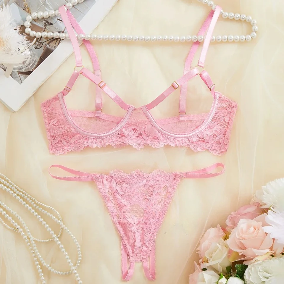 Lace Balconette Bra & Thong Set in Pink / M
